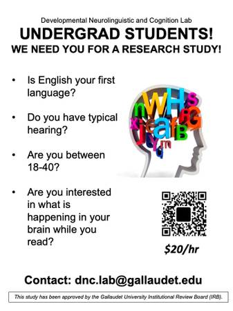 Flyer for a Gallaudet University reading-research study — participants compensated at $20 per hour