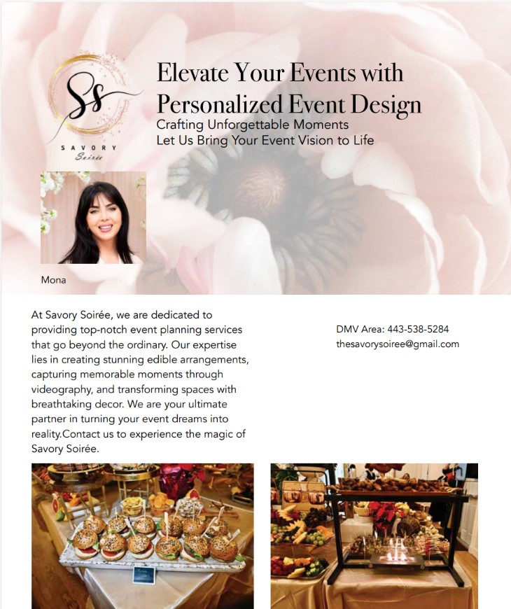 Savory Soir&eacute;e &mdash; elevate your events with personalized event design. Crafting unforgettable moments. Event d&eacute;cor, florals, grazing tables and artful bites with Mona, serving the DMV area.